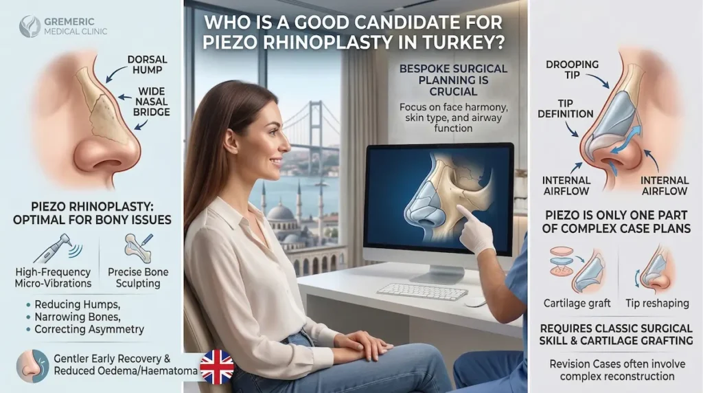 Piezo rhinoplasty Turkey infographic showing ideal candidates with dorsal hump, asymmetry, wide nasal bridge and consultation planning.