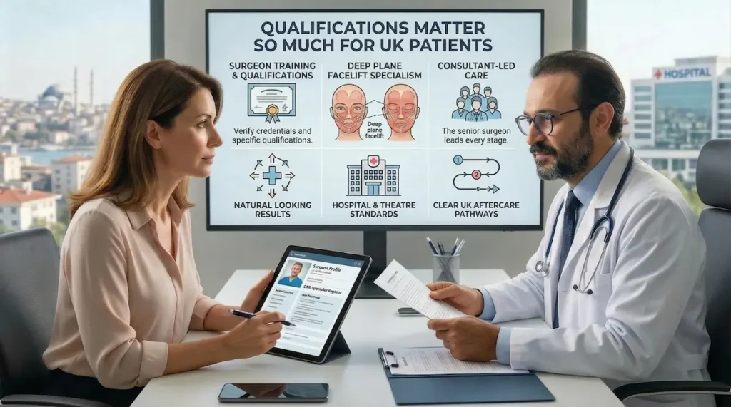 British patient consultation about qualifications with a specialist plastic surgeon Turkey and GMC equivalent standards