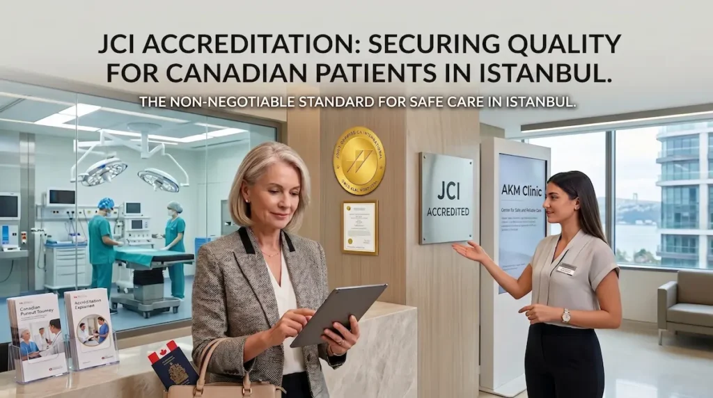Best deep plane facelift clinic in Turkey image showing a Canadian patient reviewing JCI accreditation in an Istanbul surgical centre.