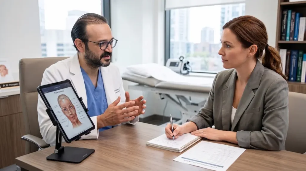 Doctor reviews questions to ask plastic surgeon with a Canadian patient during a pre op safety consultation.