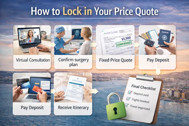Plastic surgery turkey price list graphic showing how to lock in a fixed price quote via virtual consultation plan confirmation deposit and final checklist