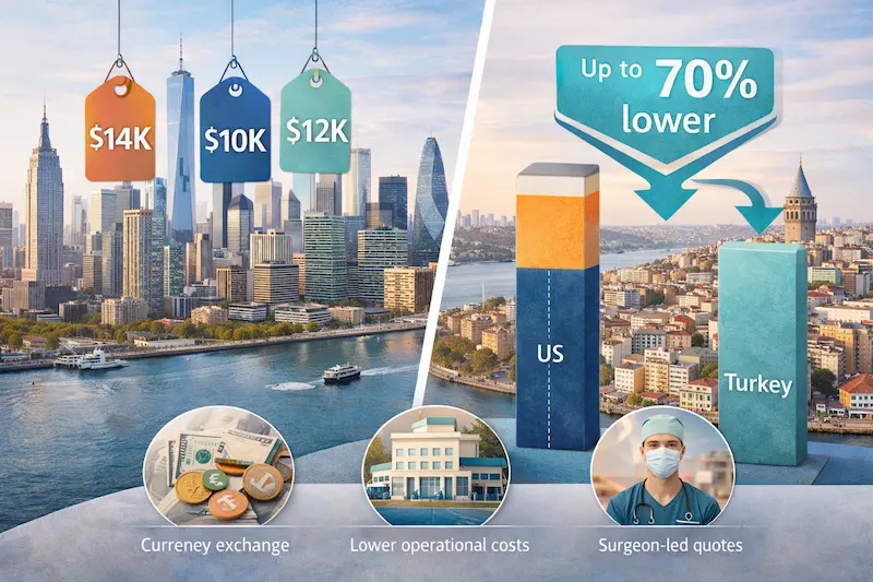 Plastic surgery turkey price list infographic comparing US vs Turkey costs with up to 70% lower pricing and key cost drivers