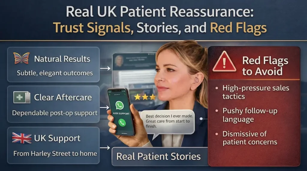 Infographic for best deep plane facelift clinic in turkey, showing UK patient trust signals, clear aftercare, and red flags to avoid when comparing clinics.