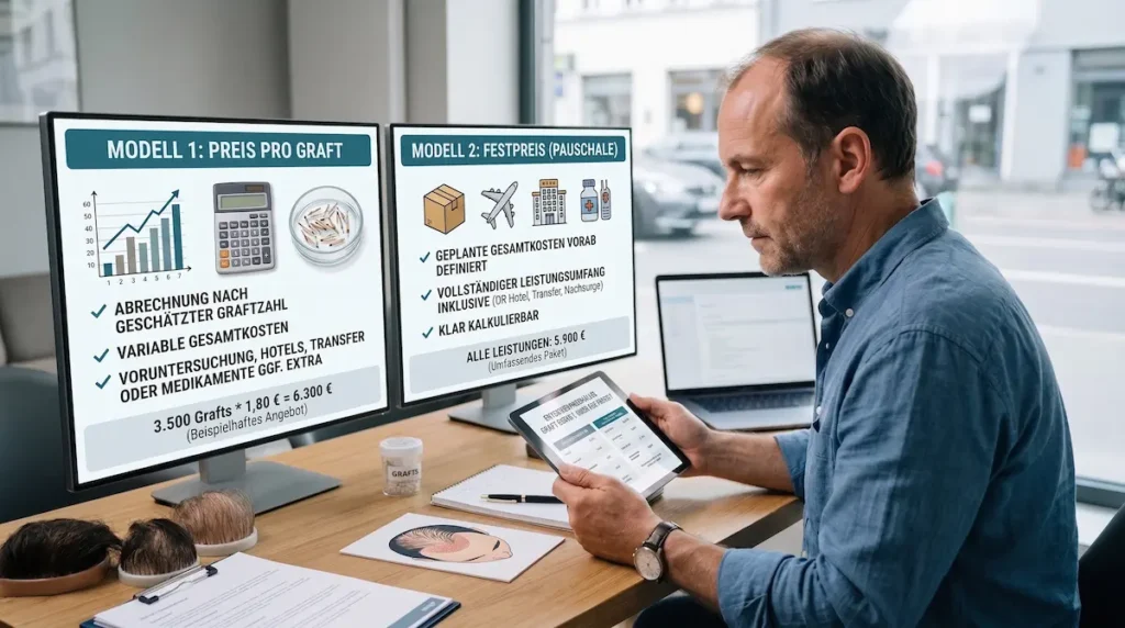 Preis pro Graft und Haartransplantation Festpreis im Vergleich auf Monitoren bei der Prüfung eines Behandlungsangebots.