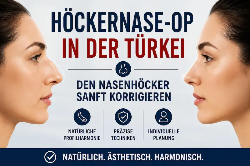 Höckernase OP Türkei: Illustrativer Profilvergleich einer Höckernase vor und nach einer sanften Korrektur des Nasenrückens.