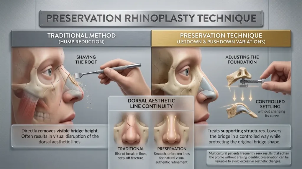Diagram for arched nose surgery Turkey comparing hump reduction with preservation rhinoplasty for natural bridge refinement.