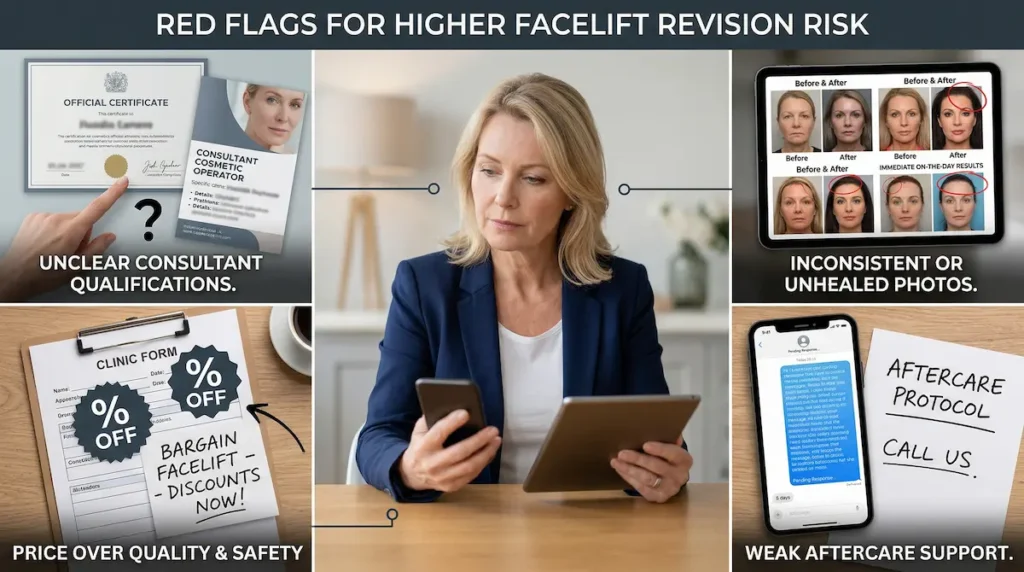 Facelift revision rate infographic showing red flags such as unclear consultant qualifications, inconsistent before and after photos, discount-led offers and weak aftercare support.