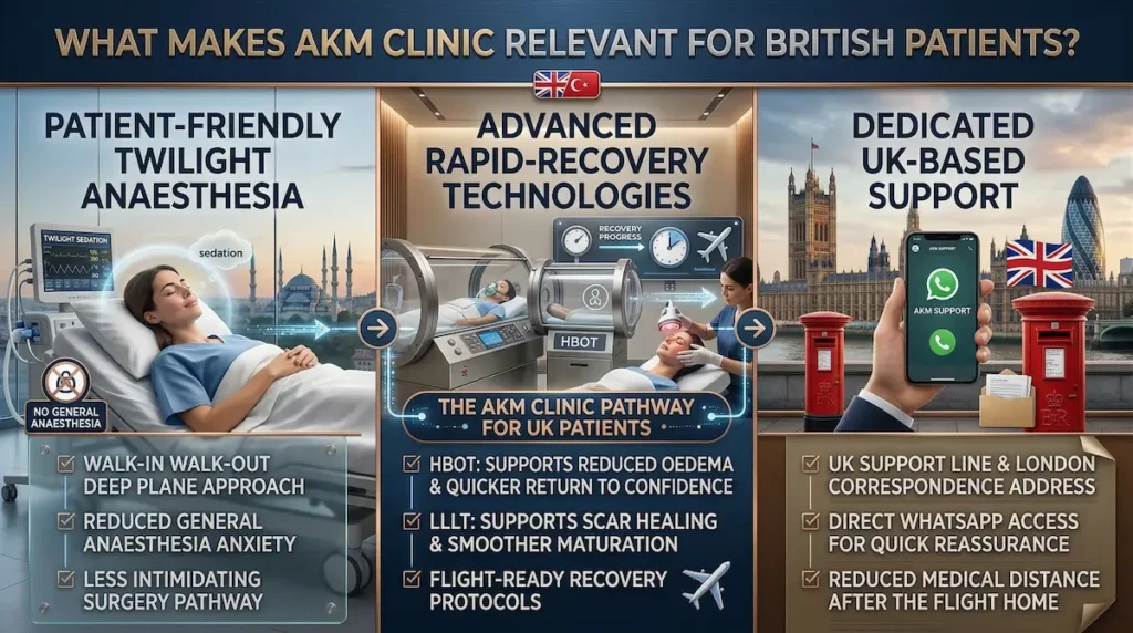 Infographic for best deep plane facelift clinic in Turkey, showing Twilight anaesthesia, HBOT recovery support, UK-based follow-up, and London correspondence access for British patients.