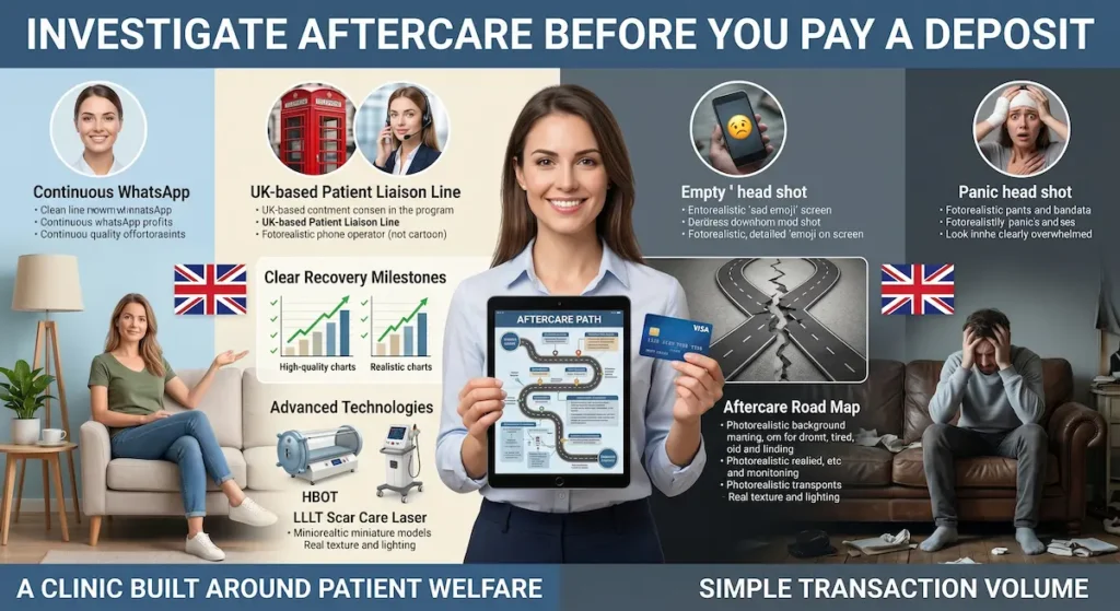 Best plastic surgery clinic Turkey aftercare image showing a UK-focused patient support pathway, recovery milestones and continuous post-operative guidance.