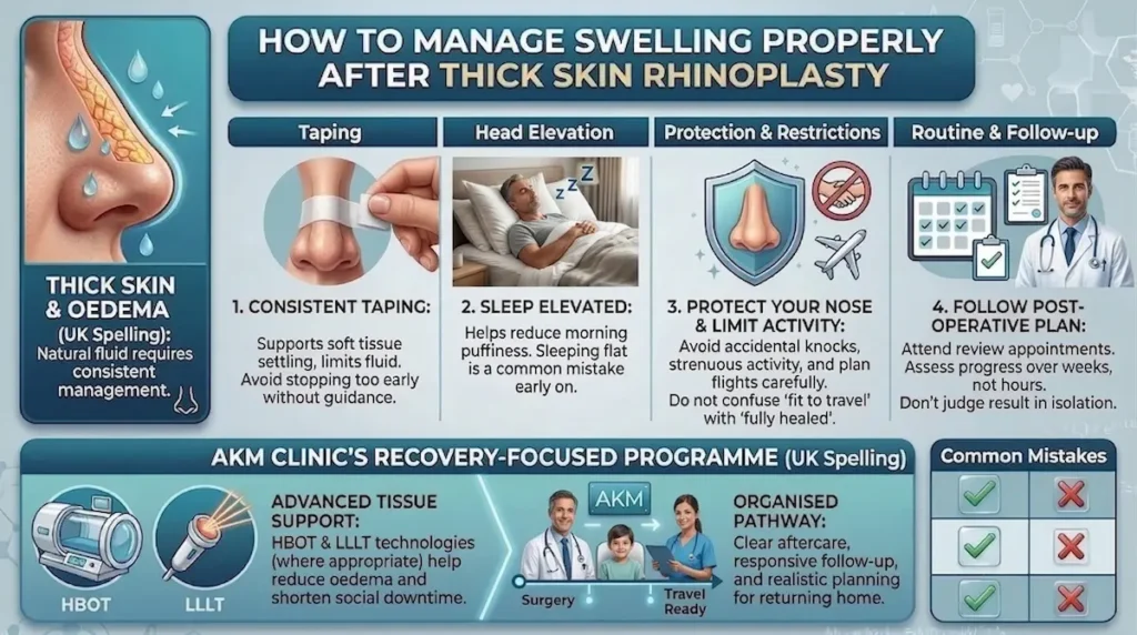 Thick skin rhinoplasty infographic showing oedema management, taping, head elevation, follow-up, HBOT and LLLT recovery support.