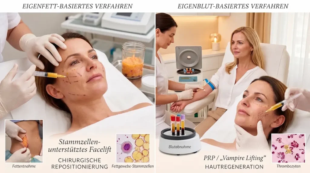 Stammzellen Facelift im Vergleich zu PRP: Eigenfett-basierte Behandlung links und Eigenblut-Verfahren mit PRP rechts.