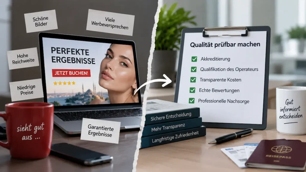 Werbeversprechen und prüfbare Qualitätskriterien wie Akkreditierung, Operateur und Nachsorge im Vergleich.