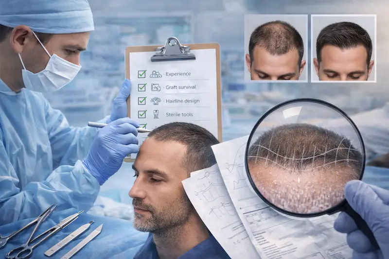 Surgeon planning a natural hairline with a quality checklist (graft survival, hairline design, sterile tools) and before-after results in a clinic.