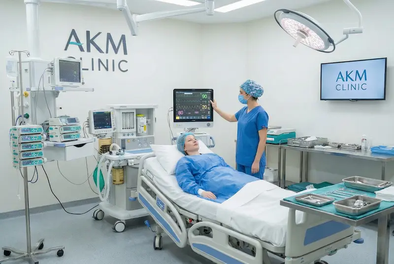 AKM Clinic operating room with patient monitoring equipment showing anesthesia safety and intra-op monitoring