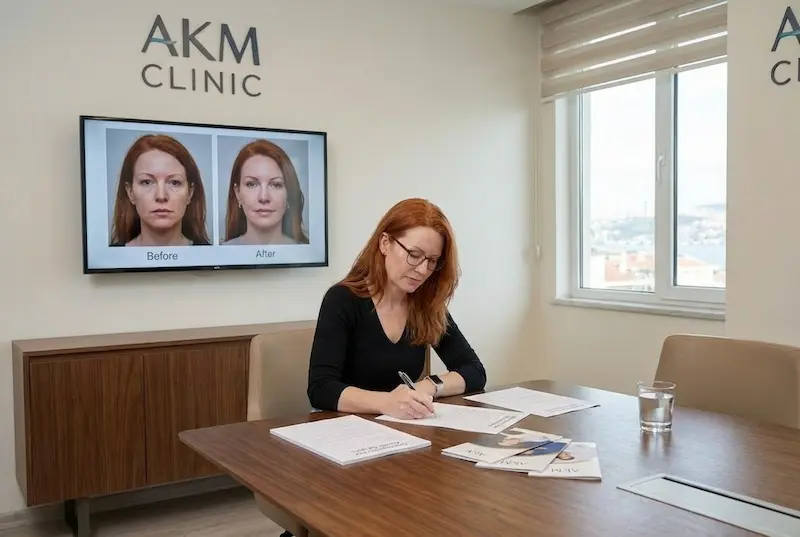 Patient reviewing aftercare paperwork during a consultation at akm clinic with before-and-after photos on screen