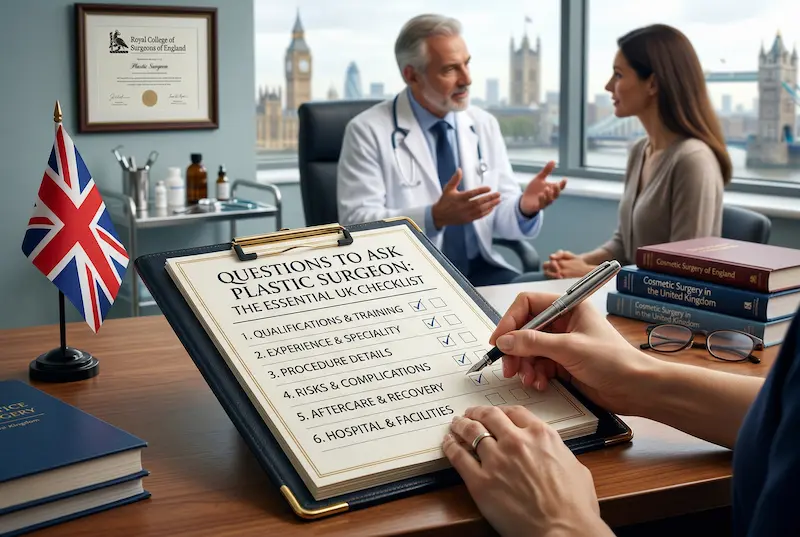 Questions to ask plastic surgeon checklist on a clipboard during a British cosmetic surgery consultation with a consultant surgeon and patient.