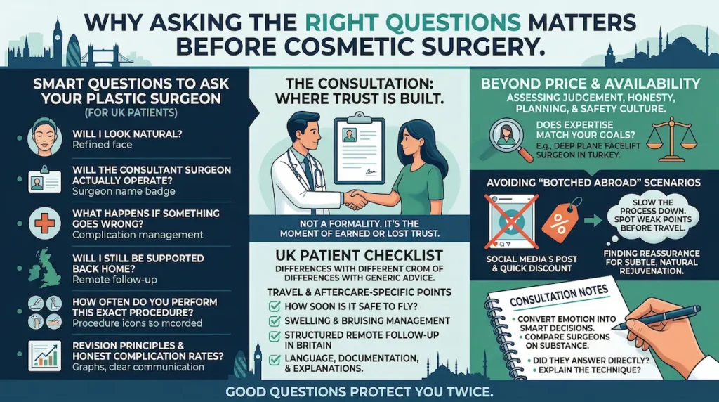 Questions to ask plastic surgeon infographic for UK patients covering consultation trust, clinic safety, recovery planning, and informed cosmetic surgery decisions.