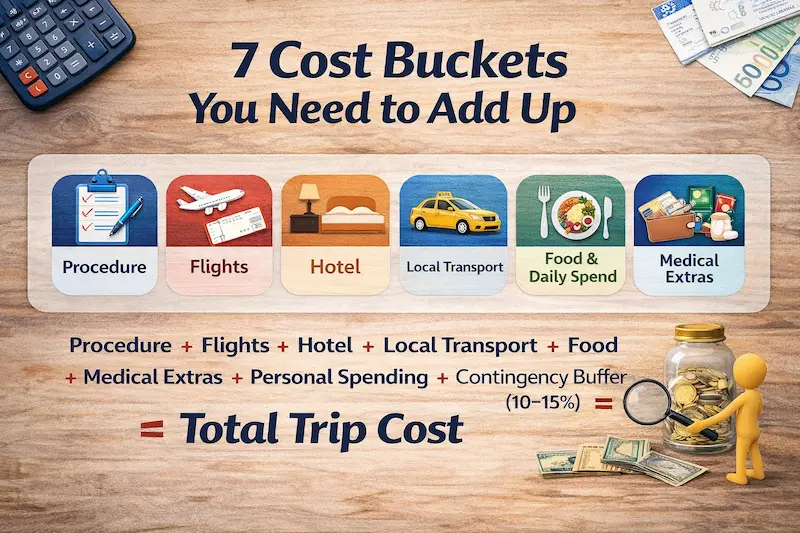 Infographic showing the 7 cost buckets you need to add up for total trip cost: procedure, flights, hotel, local transport, food & daily spend, medical extras, and personal spending.