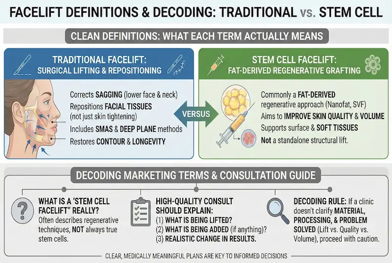 Infographic explaining quick definitions of traditional facelift vs stem cell facelift, comparing surgical lifting and repositioning with fat-derived regenerative grafting.
