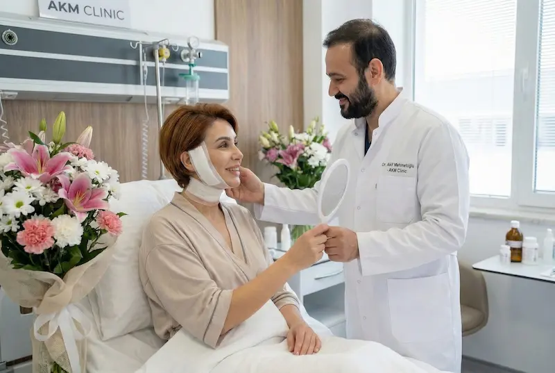 Facelift recovery follow-up visit showing patient with chin dressing and surgeon reviewing healing at AKM Clinic