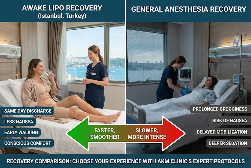 Recovery comparison infographic showing awake lipo recovery in Istanbul, Turkey with same-day discharge, less nausea, and early walking versus general anesthesia recovery with prolonged grogginess and delayed mobilization.