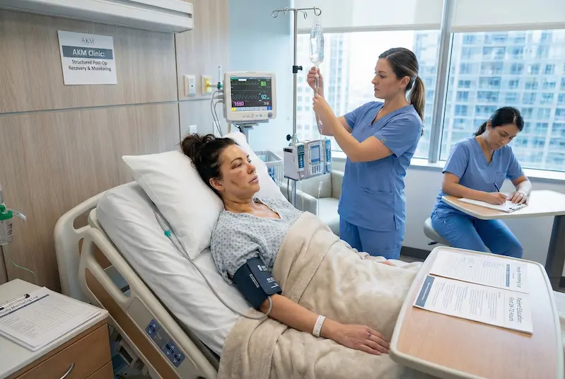 Nurse monitoring a post-op patient in a modern recovery room with vital signs monitor, IV setup, and structured bedside checks—illustrating recovery facilities and post-op monitoring standards.