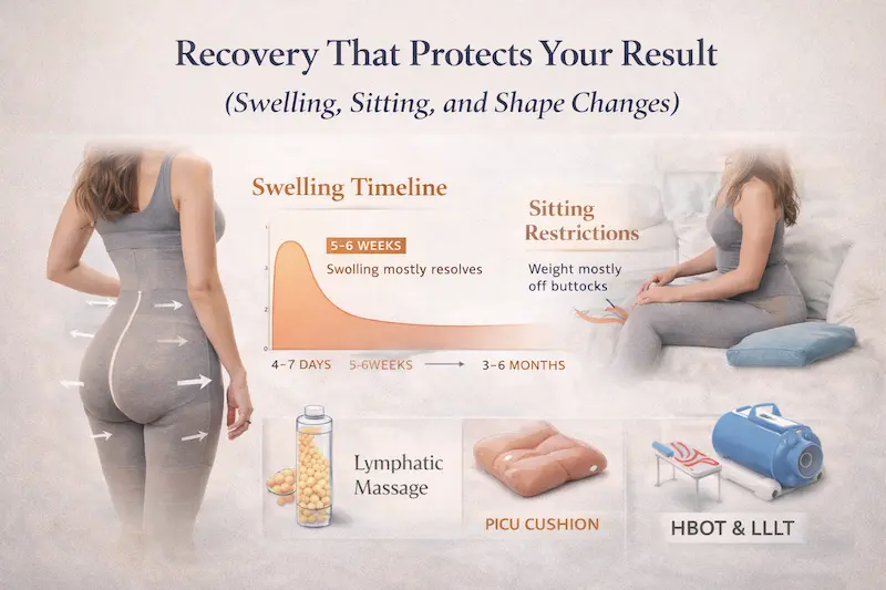 Infographic showing a swelling timeline, sitting restrictions, compression garment support, lymphatic massage, and HBOT & LLLT recovery tools.