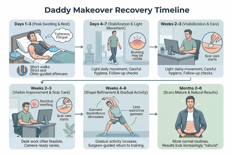 Recovery timeline for the working professional infographic showing daddy makeover recovery milestones from days 1–3 to months 2–6