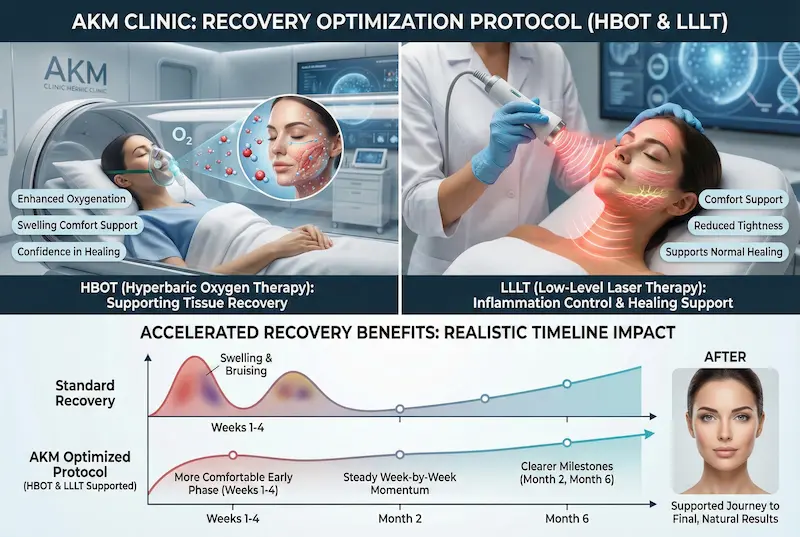 AKM Clinic recovery optimization protocol infographic showing HBOT (hyperbaric oxygen therapy) and LLLT (low-level laser therapy) with accelerated recovery timeline impact for swelling, bruising, and healing support.