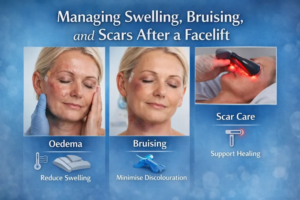 Facelift recovery with stem cells image showing oedema, bruising and LLLT scar care after facelift surgery.