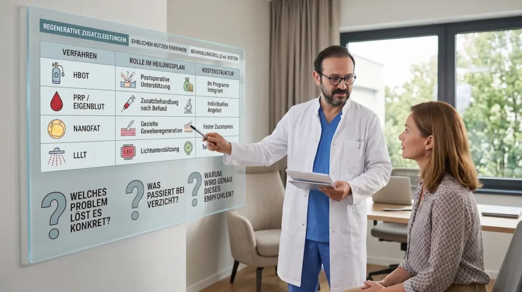 Regenerative Medizin Kosten Türkei: Arzt erklärt einer Patientin HBOT, PRP, Nanofat und LLLT nach Nutzen, Kostenstruktur und Indikation.