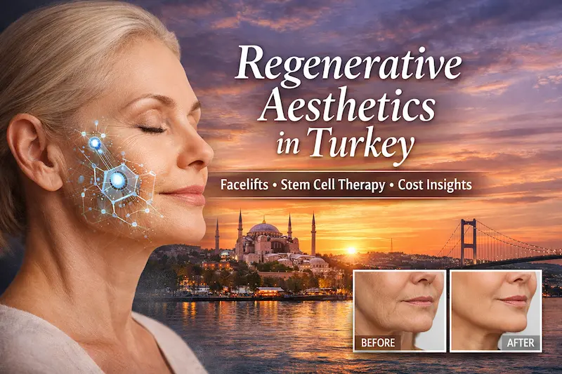 Regenerative medicine cost in Turkey visual showing a mature woman, Istanbul skyline, facelift and stem cell treatment concept for UK patients.