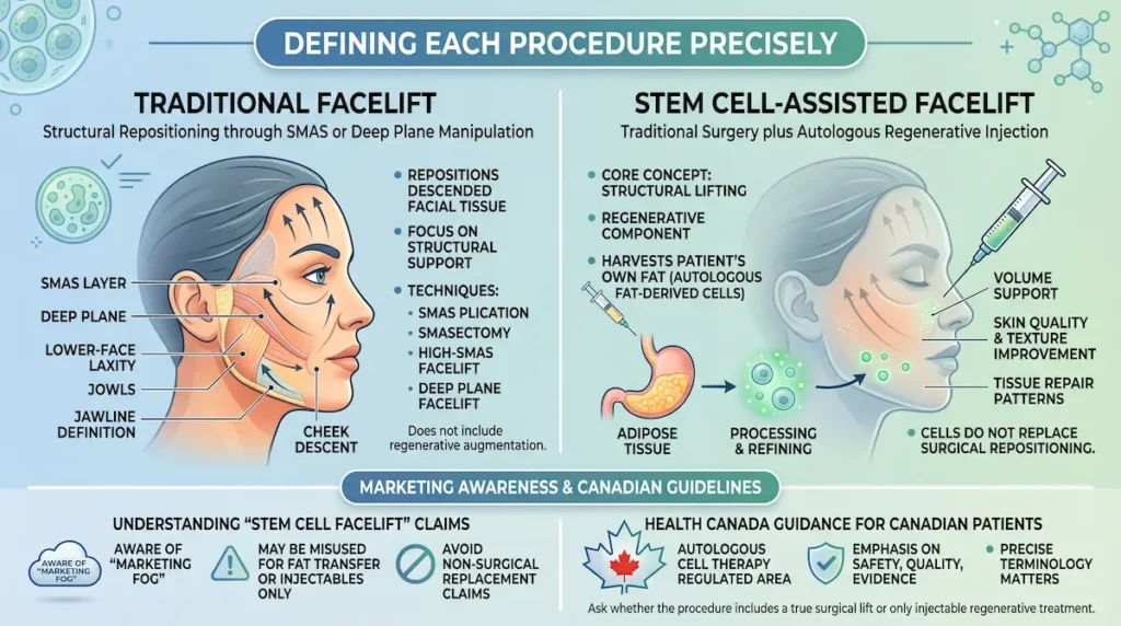 Infographic explaining stem cell facelift vs traditional facelift with SMAS lifting, deep plane support, and regenerative fat derived injection.