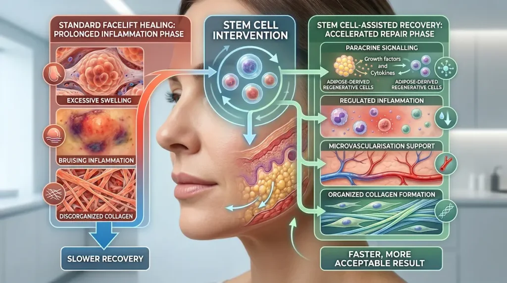 Facelift recovery with stem cells diagram showing inflammation control, microvascularisation, and organized collagen repair.