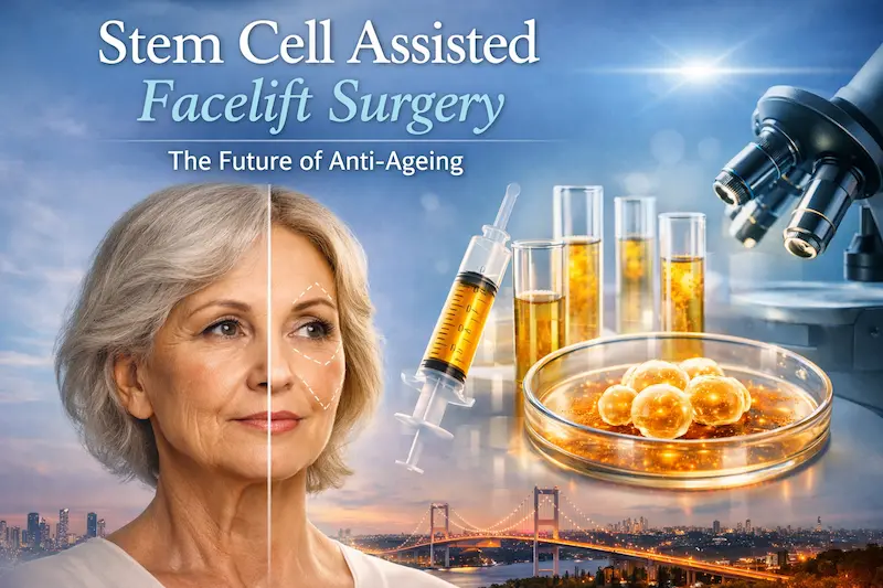 Stem cell assisted facelift surgery concept image showing a mature woman, facial rejuvenation markings, laboratory imagery, and the Istanbul skyline.