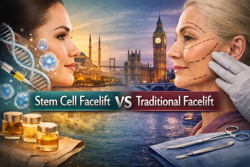 Stem cell facelift vs traditional facelift cover image showing regenerative and surgical facial rejuvenation for UK patients