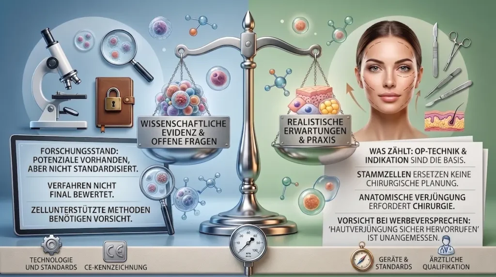 Stammzellen Facelift: Infografik zu wissenschaftlicher Evidenz, realistischen Erwartungen, OP-Technik und CE-Standards.