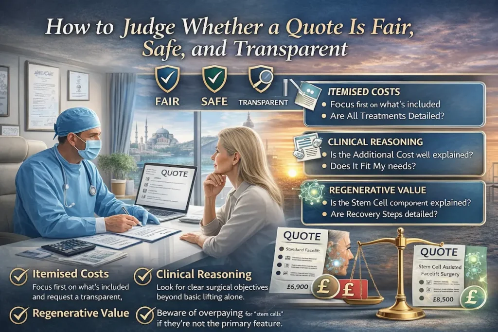 Regenerative medicine cost in Turkey infographic showing how UK patients can compare quotes for fairness, safety, transparency, itemised costs, and regenerative value.