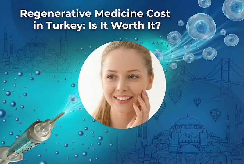 Smiling woman with regenerative medicine concept graphics (cells and syringe) over an Istanbul skyline background, illustrating regenerative medicine cost in Turkey.