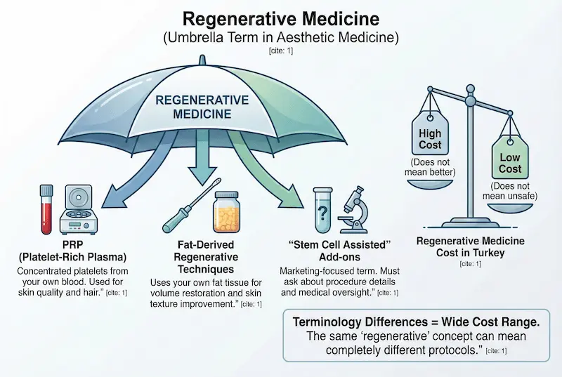 Infographic explaining regenerative medicine in aesthetic medicine—PRP, fat-derived regenerative techniques, and “stem cell assisted” add-ons—showing why regenerative medicine cost in Turkey varies widely.