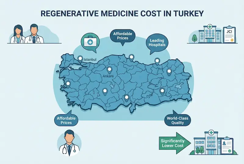 Infographic map of Turkey highlighting Istanbul and key factors—affordable prices, leading hospitals, and world-class quality—related to regenerative medicine cost in Turkey.