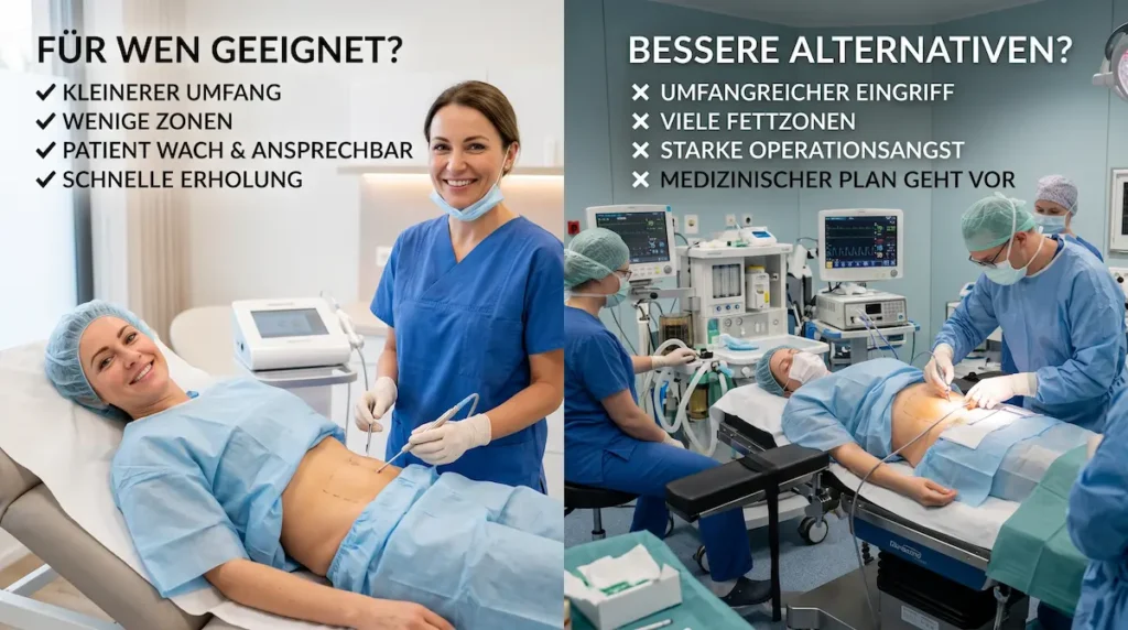 Awake Fettabsaugung Türkei: Vergleich geeigneter Patienten für reine Lokalanästhesie und Situationen mit alternativer Anästhesie.
