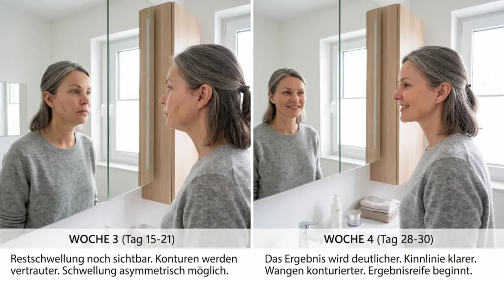 Deep Plane Facelift Heilung Tag für Tag: Vergleich von Woche 3 und Woche 4 mit Restschwellung und zunehmend klarer Kinnlinie.