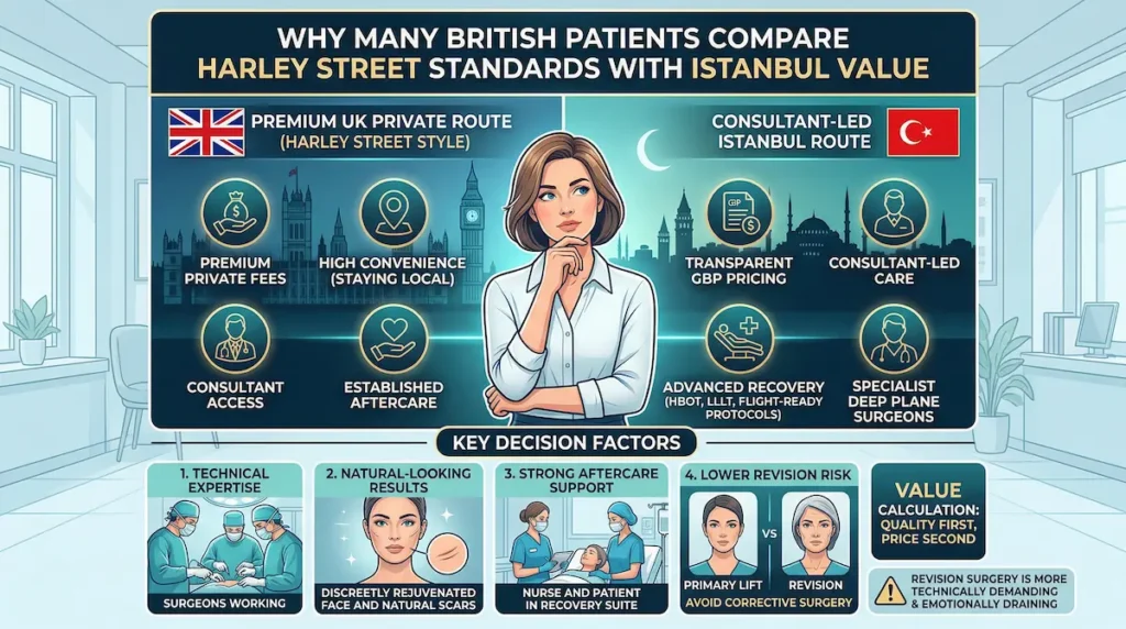 Facelift revision rate infographic comparing Harley Street standards with Istanbul value for British patients considering consultant-led facial surgery.