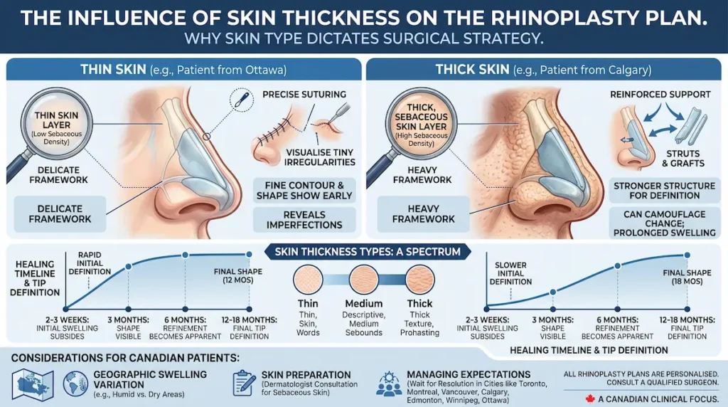 Thick skin rhinoplasty infographic comparing thin and thick nasal skin, surgical support, and healing timelines for Canadian patients.