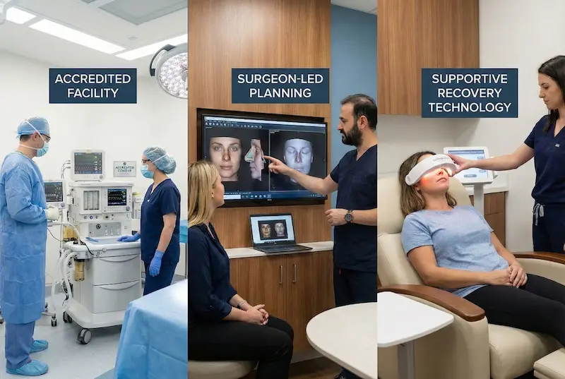 All inclusive rhinoplasty turkey safety image showing accredited facility, surgeon led planning, and supportive recovery technology in clinic
