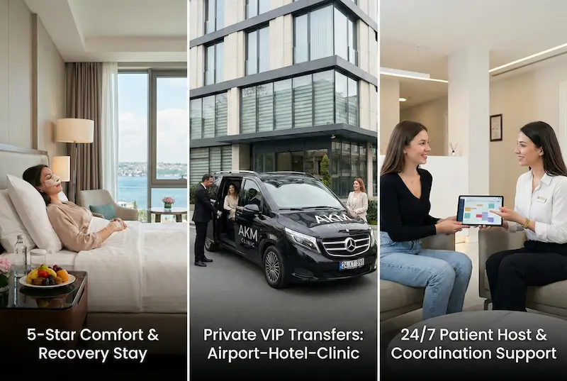 All inclusive rhinoplasty turkey package showing 5 star hotel recovery stay, private VIP transfers, and 24/7 patient host care team support