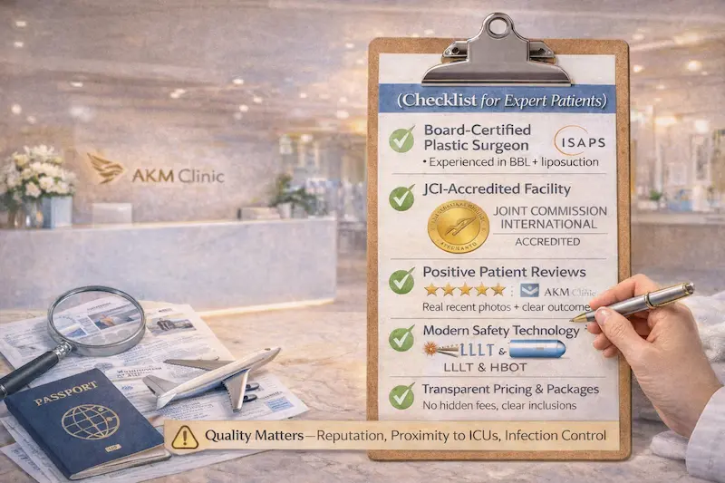 Safety checklist infographic on how to evaluate a BBL clinic in Turkey, highlighting surgeon credentials, accredited facility standards, patient reviews, safety technology, and transparent pricing.