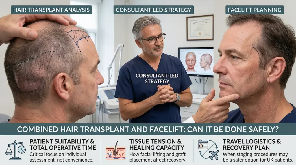 Hair transplant and facelift combo infographic showing consultant led assessment, facelift planning, scalp analysis and UK travel recovery factors.