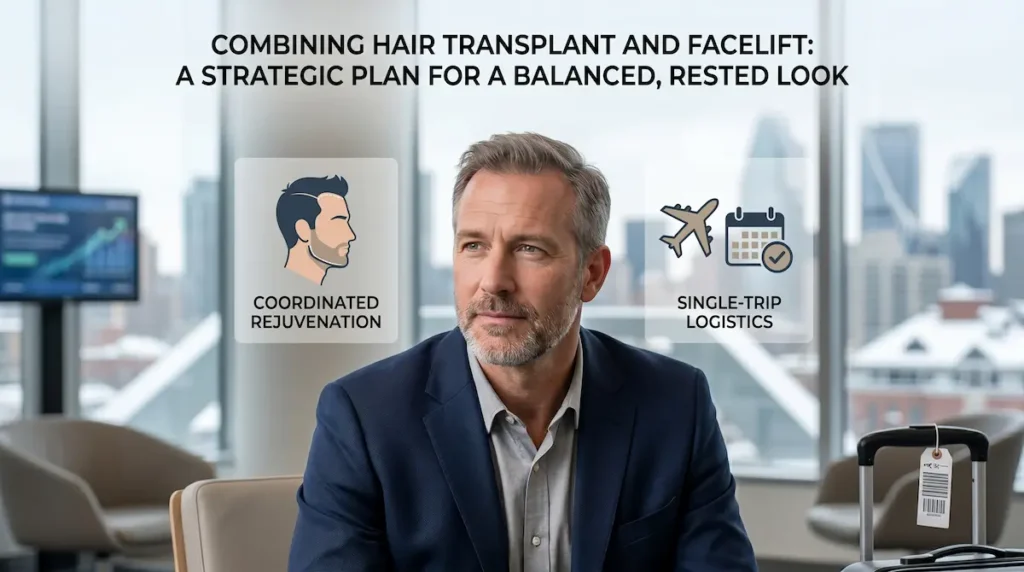 Canadian patient considering a hair transplant and facelift combo with same trip planning and coordinated rejuvenation.